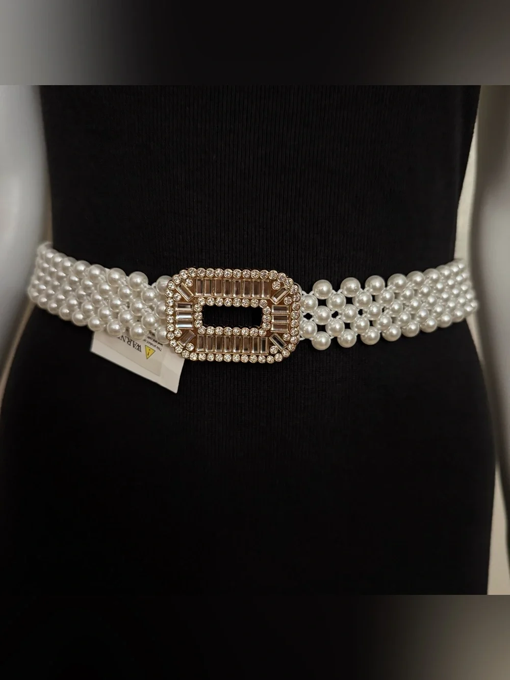 Faux pearls elasticized waistband skinny belt with gold tone rectangle buckle